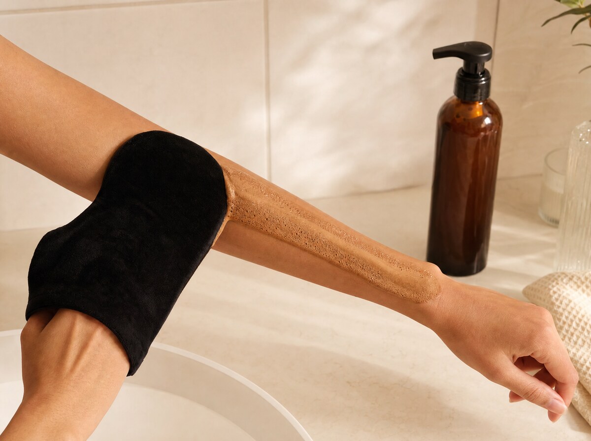 Tanning mitt applying mousse on a forearm.