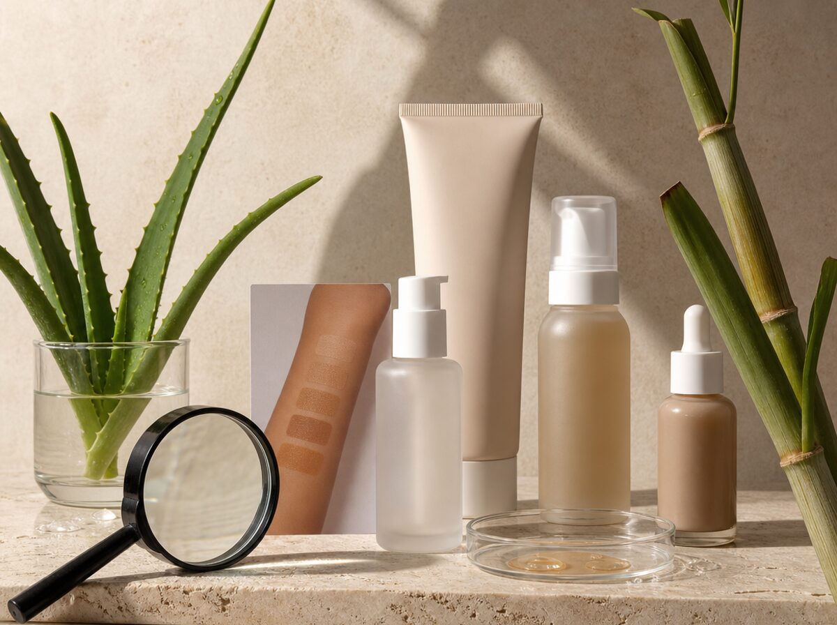 Clean beauty self-tanner shelf with unlabeled bottles, botanical stem, magnifying glass, and patch-test swatches.