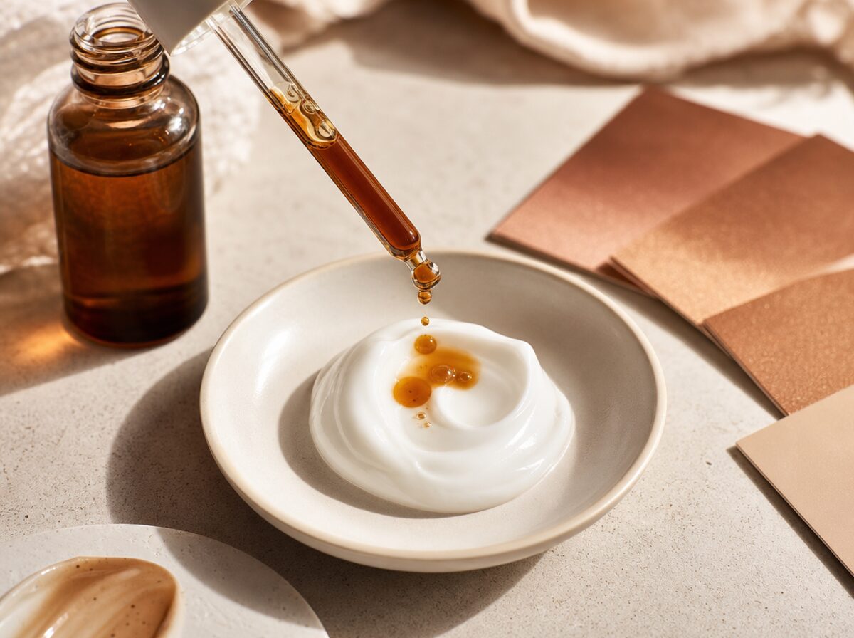 Amber drops mixing into white moisturizer on a ceramic dish with bronze swatches.
