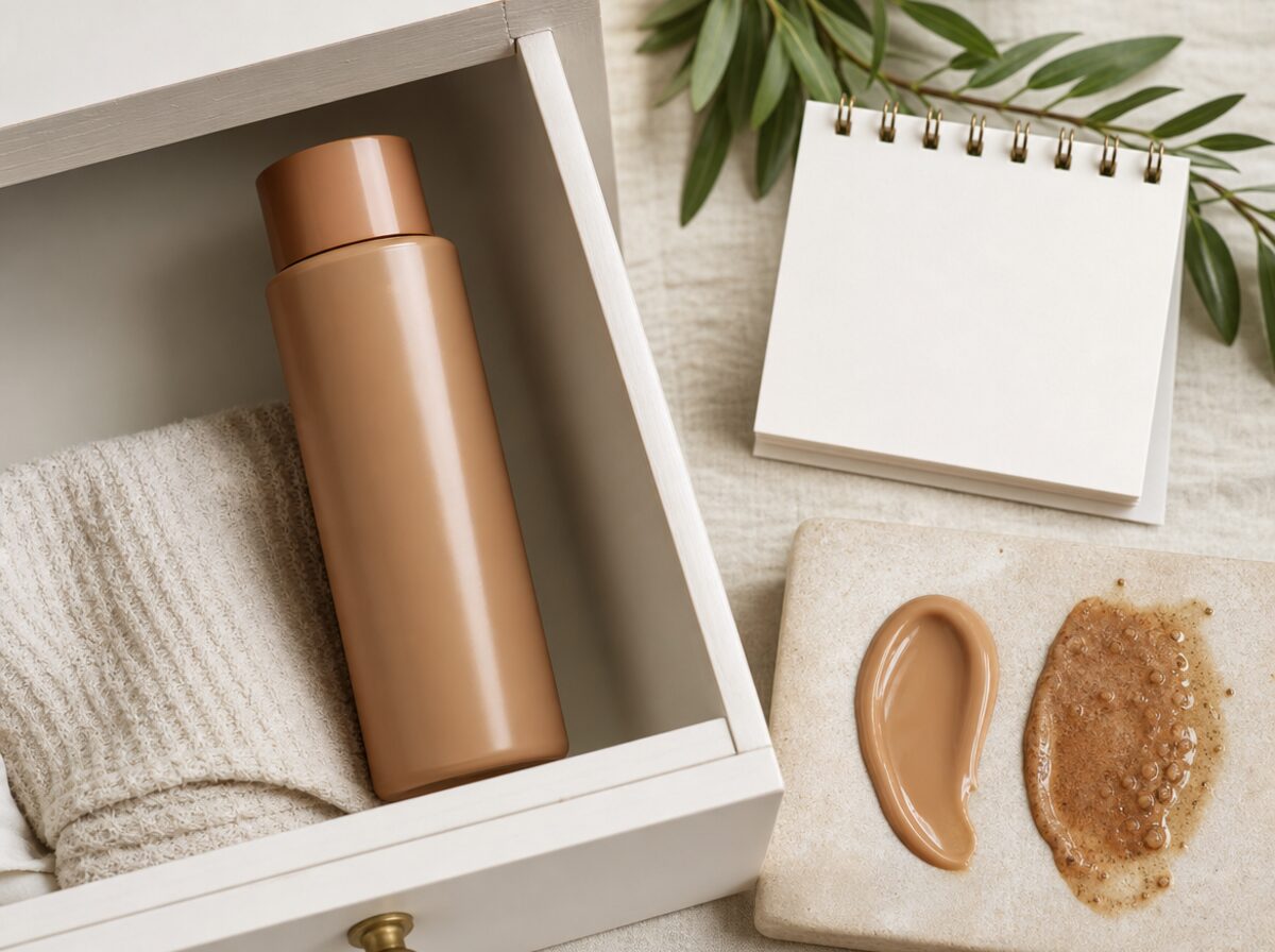 Unlabeled self-tanner stored in a drawer with fresh and separated lotion texture swatches.