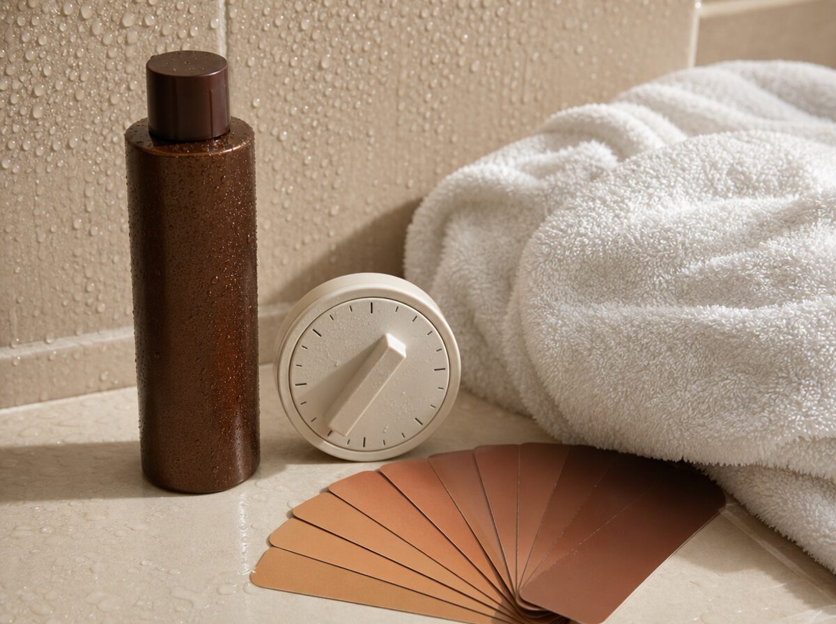 Unlabeled express tan bottle, shower tile, towel, timer, and bronze swatch cards.