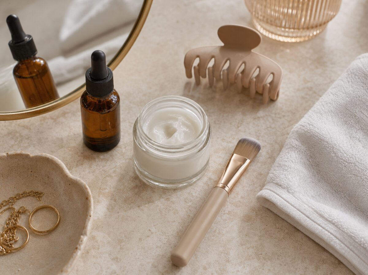 Face tanning drops setup with dropper, moisturizer, soft brush, towel, and mirror edge.