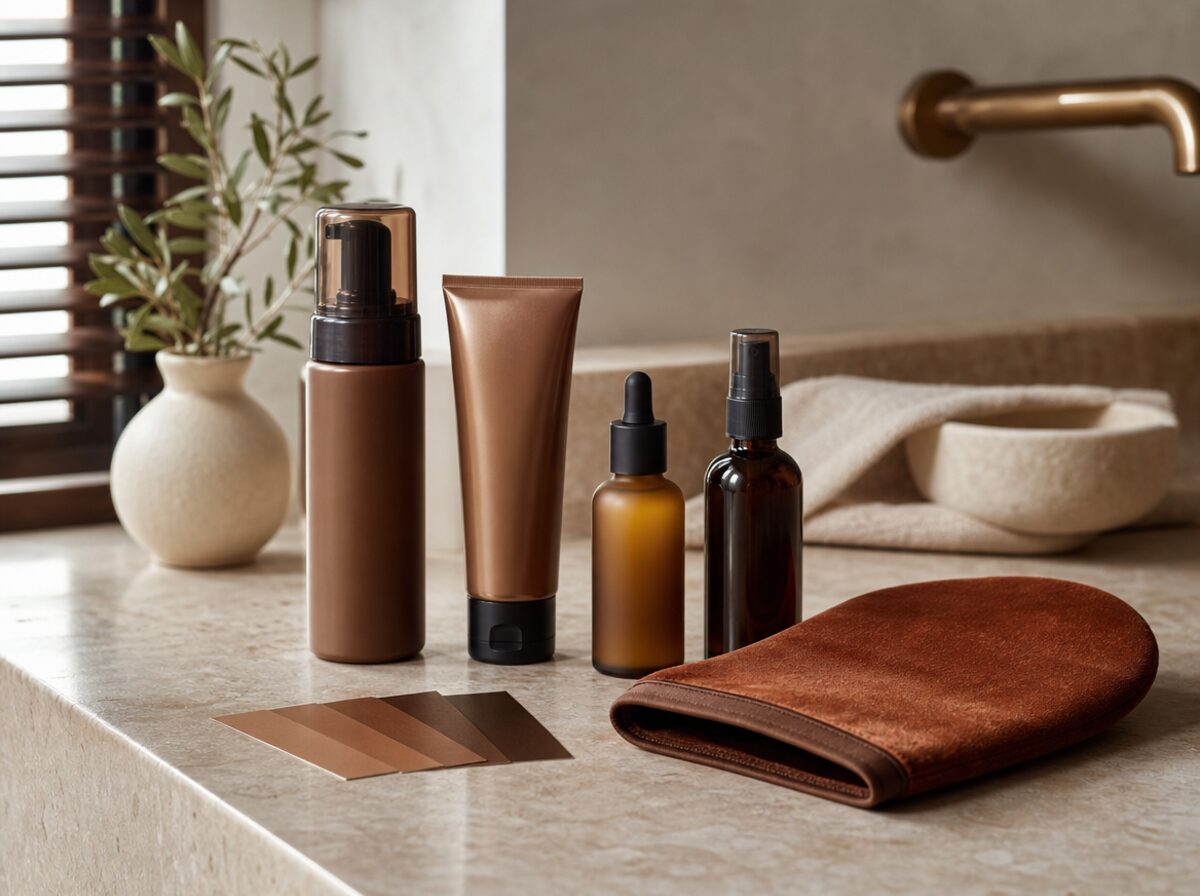 Unlabeled self-tanning product formats and bronze swatches on a warm counter.