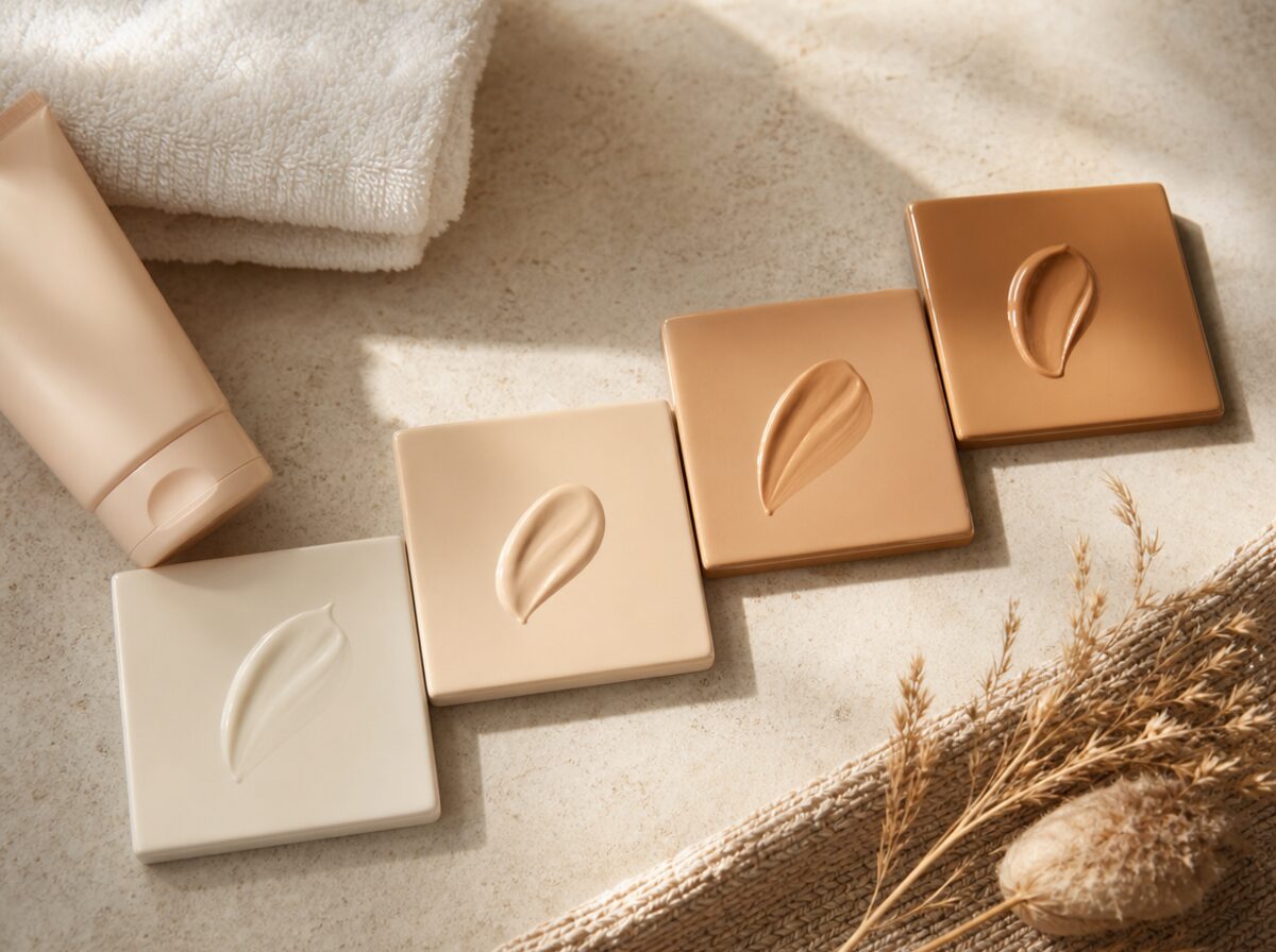 Four soft bronze lotion swatches arranged from light to medium with moisturizer nearby.