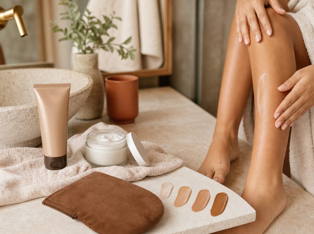 Unlabeled self-tanning lotion, moisturizer, mitt, towel, and soft bronze swatches.