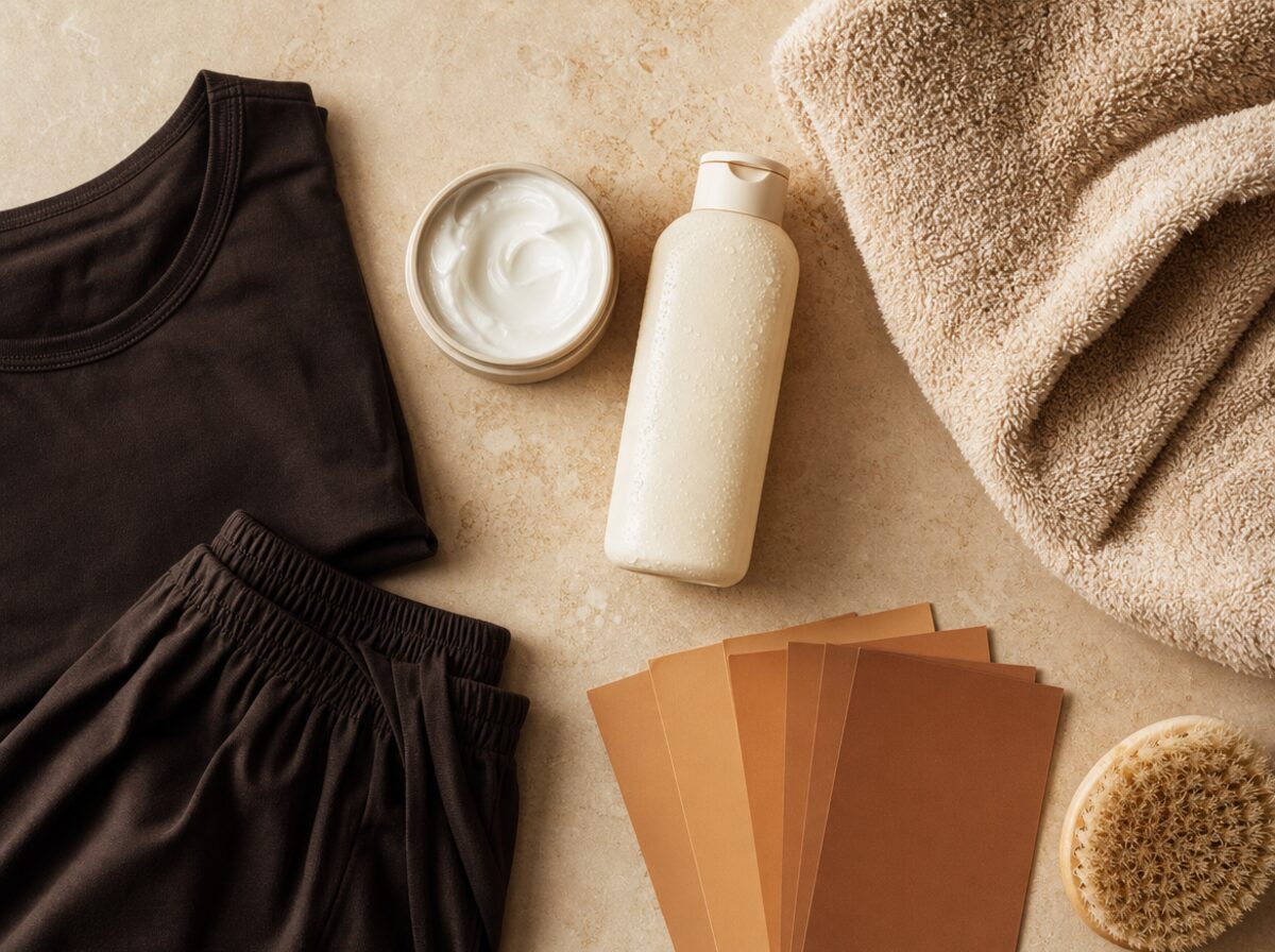 Maintenance routine with moisturizer, gentle wash, towel, dark clothing, and soft bronze swatches.
