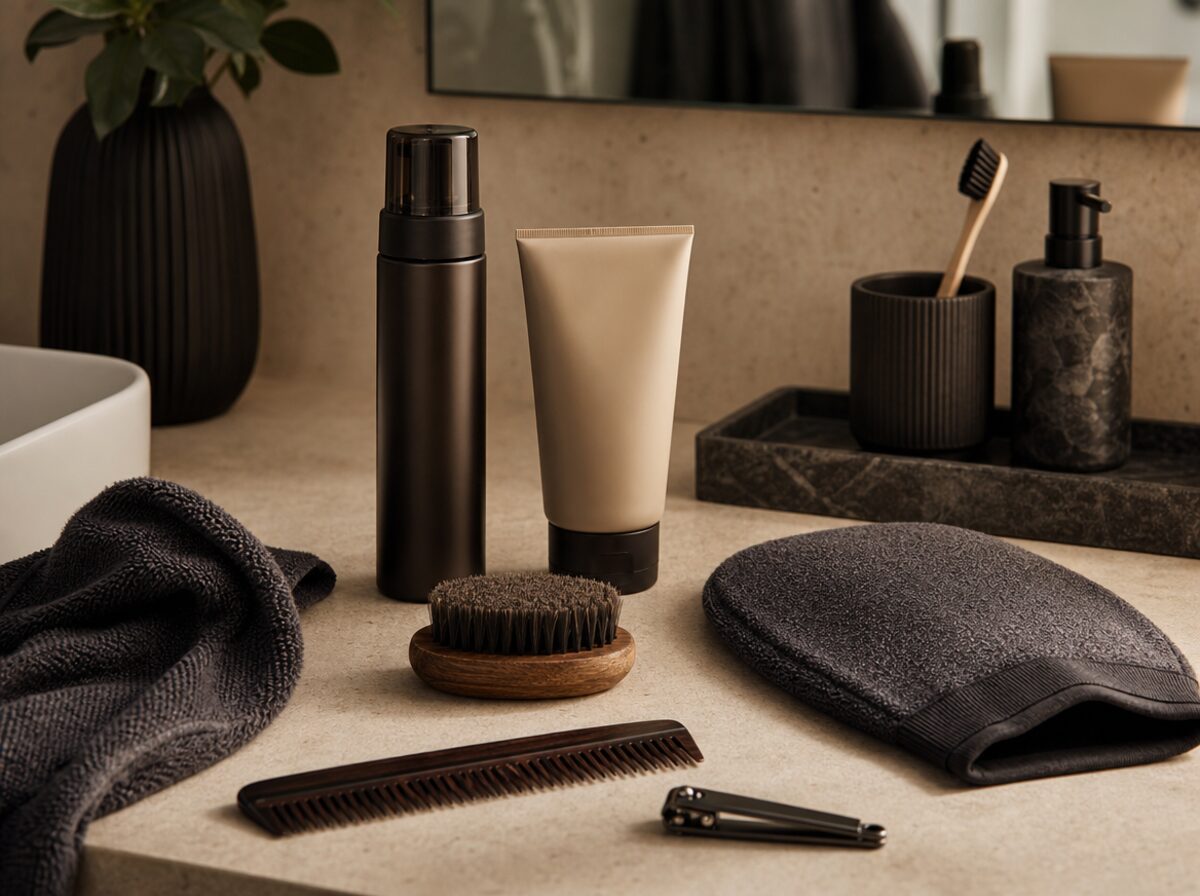 Men's grooming counter with unlabeled self-tanner, moisturizer, beard brush, dark towel, and tanning mitt.