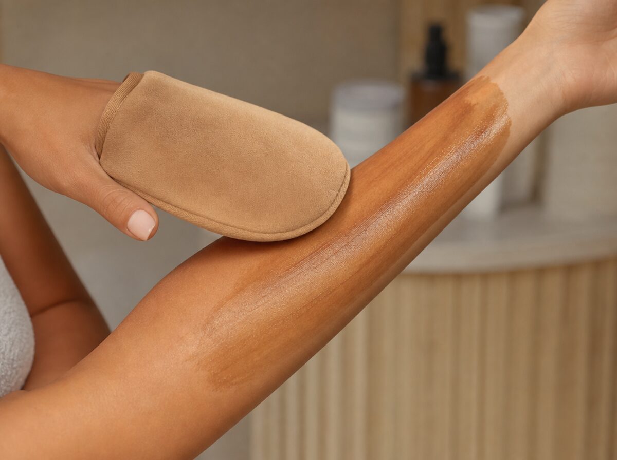 Velvet tanning mitt blending self-tanner on a forearm with a smooth long stroke.