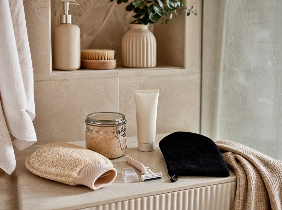 Self-tan prep kit with exfoliating mitt, scrub, razor, moisturizer, towel, and tanning mitt.
