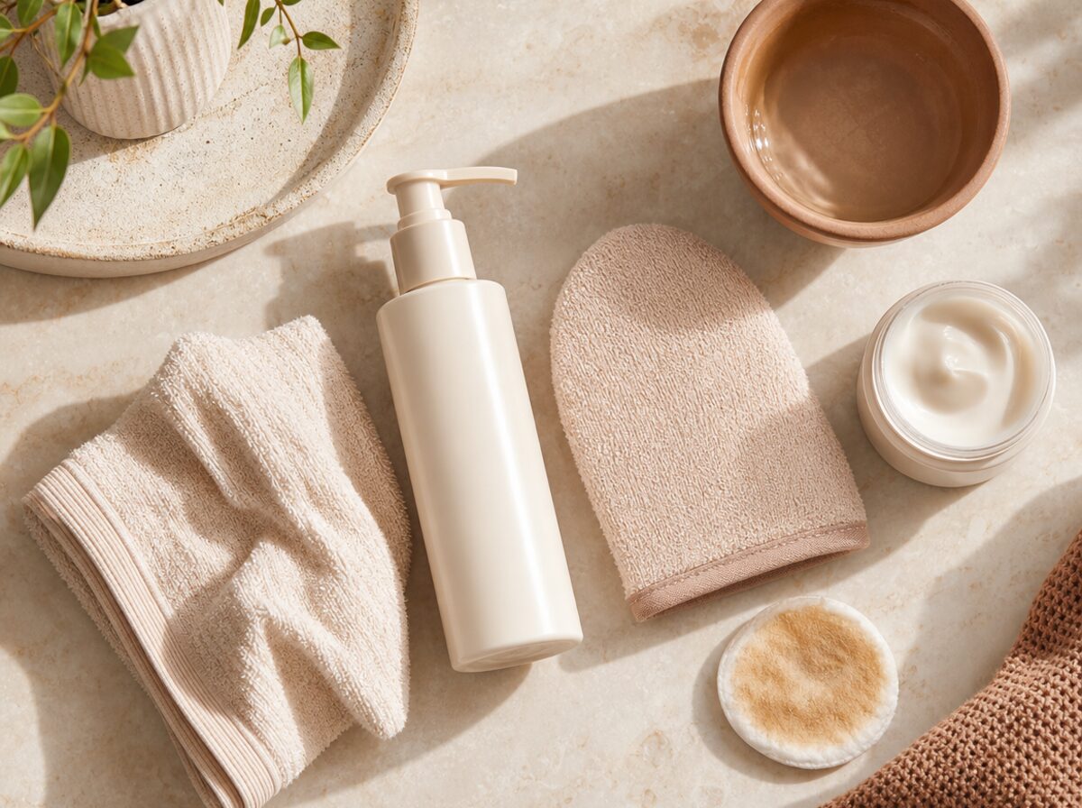 Gentle self-tan removal tools arranged with remover, mitt, cloth, bowl of water, and moisturizer.