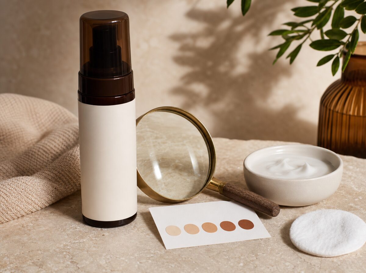 Unlabeled self-tanner bottle, magnifying glass, cotton pad, and patch-test dots on a warm counter.