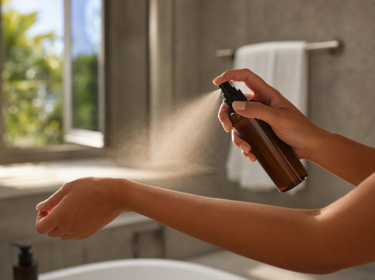Clear self-tanning mist routine with bottle, towel, and soft bronze swatches.