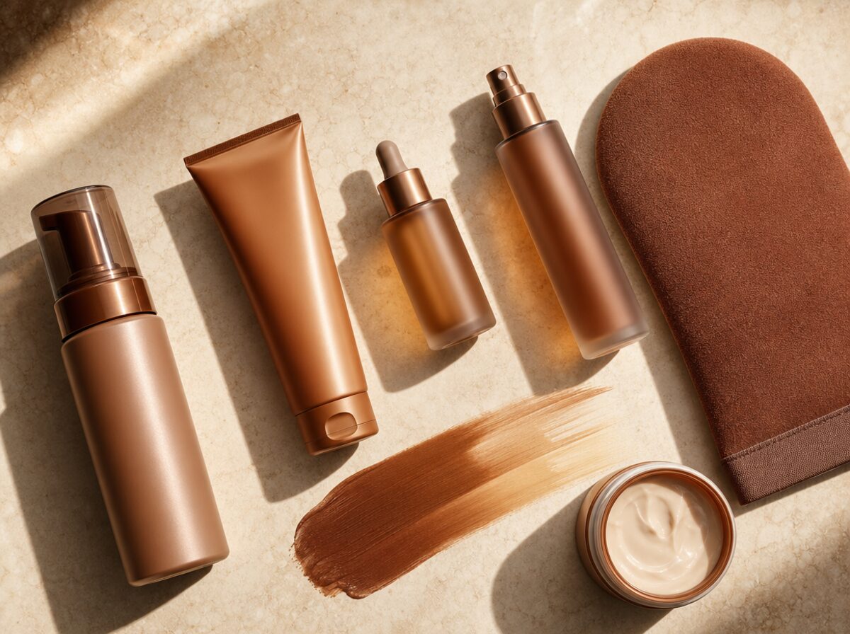 Unlabeled sunless tanner bottles, dropper, mist, mitt, moisturizer, and bronze swatches.