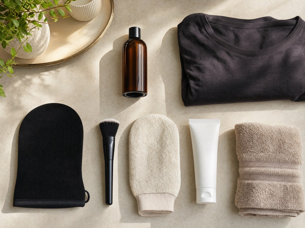 Beginner self-tanning kit flat lay.