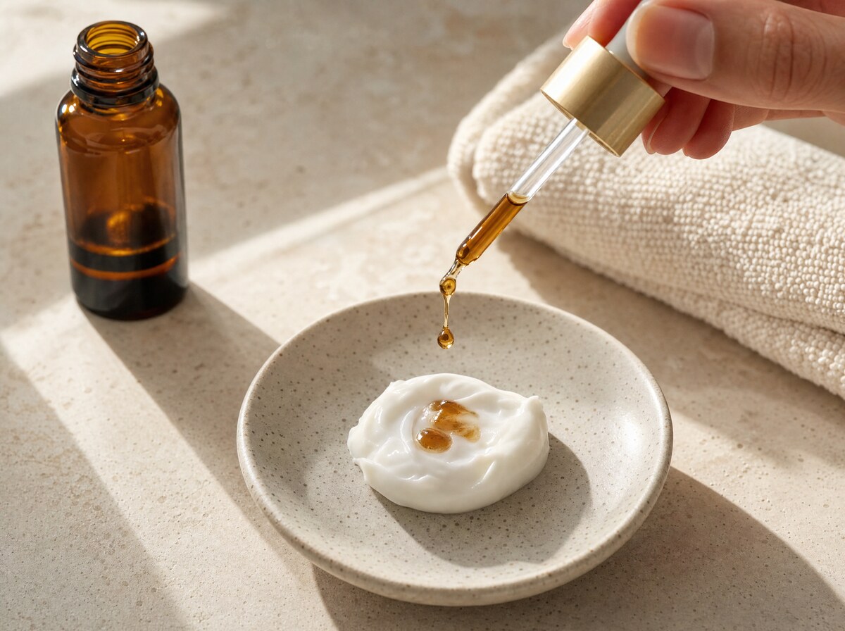 Self-tanning drops mixed into moisturizer.