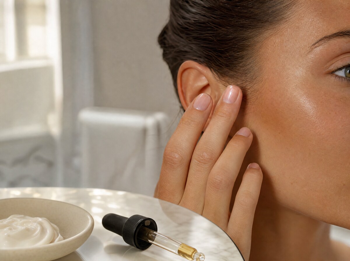 Face self-tan blended near hairline.