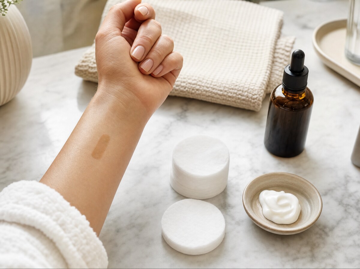 Small self-tan patch test on an inner forearm.