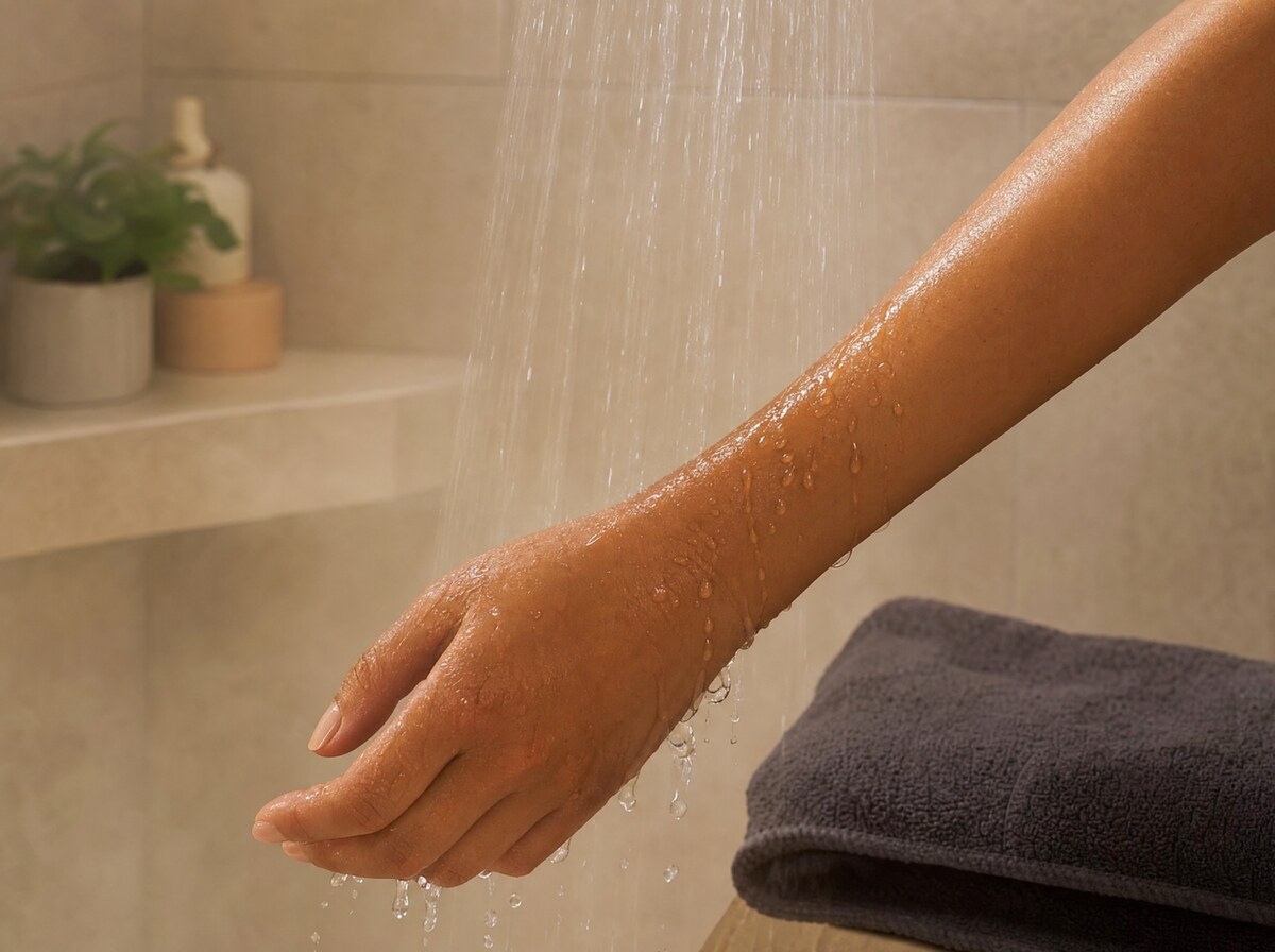 Water-only first rinse of a forearm.