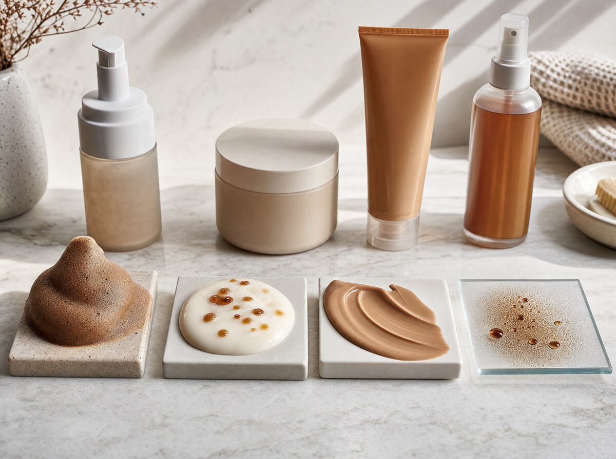 Self-tanner textures compared on small tiles.