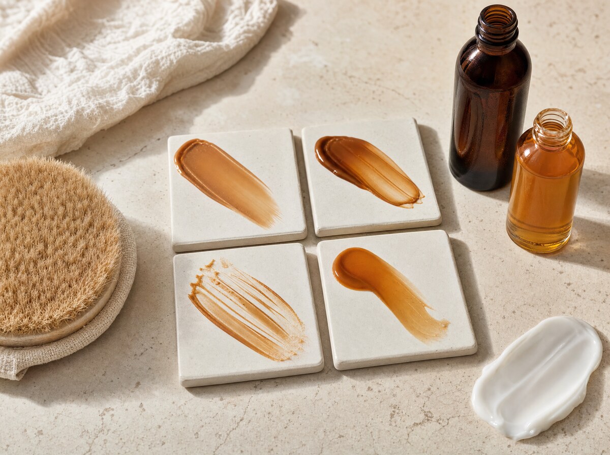 Self-tanning swatches for orange-cast diagnosis.