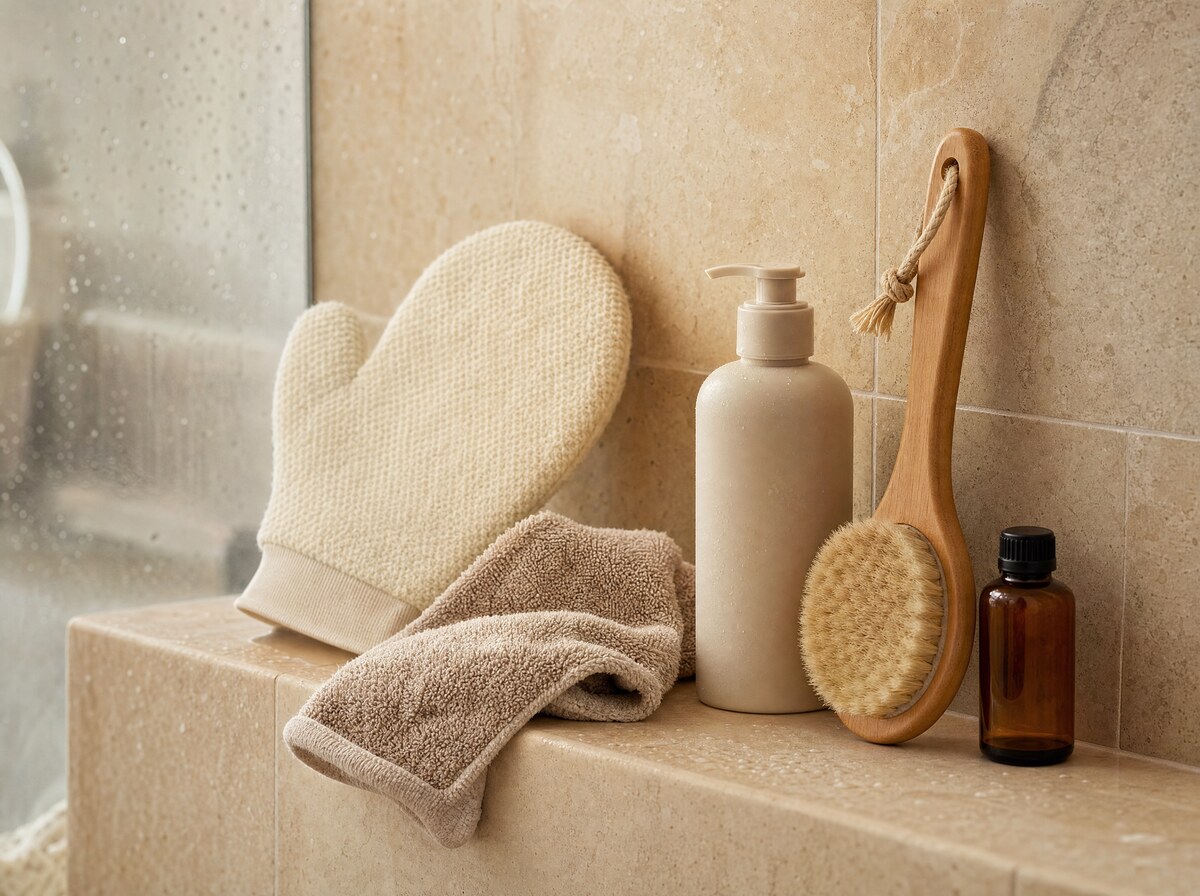 Self-tan removal tools on a shower ledge.