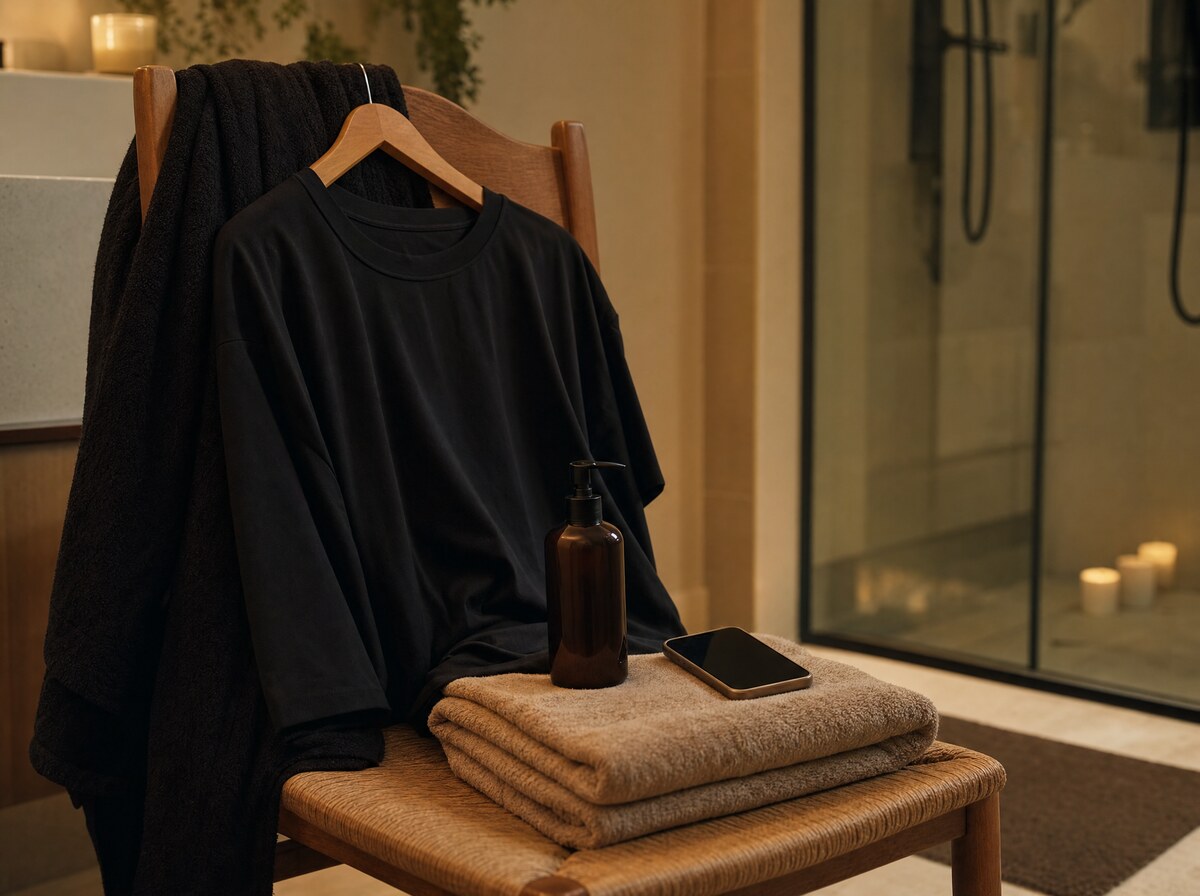 Dark clothing and towel prepared for self-tan development.